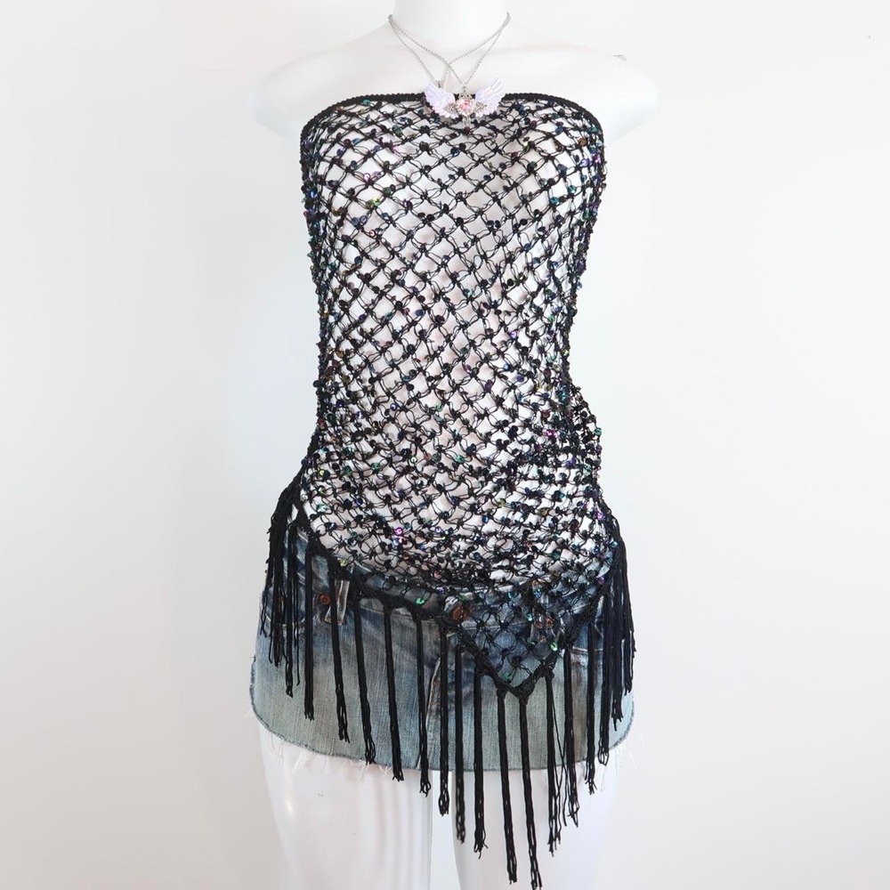 black sequin crochet fringe top | y2k indie sleaze mesh top